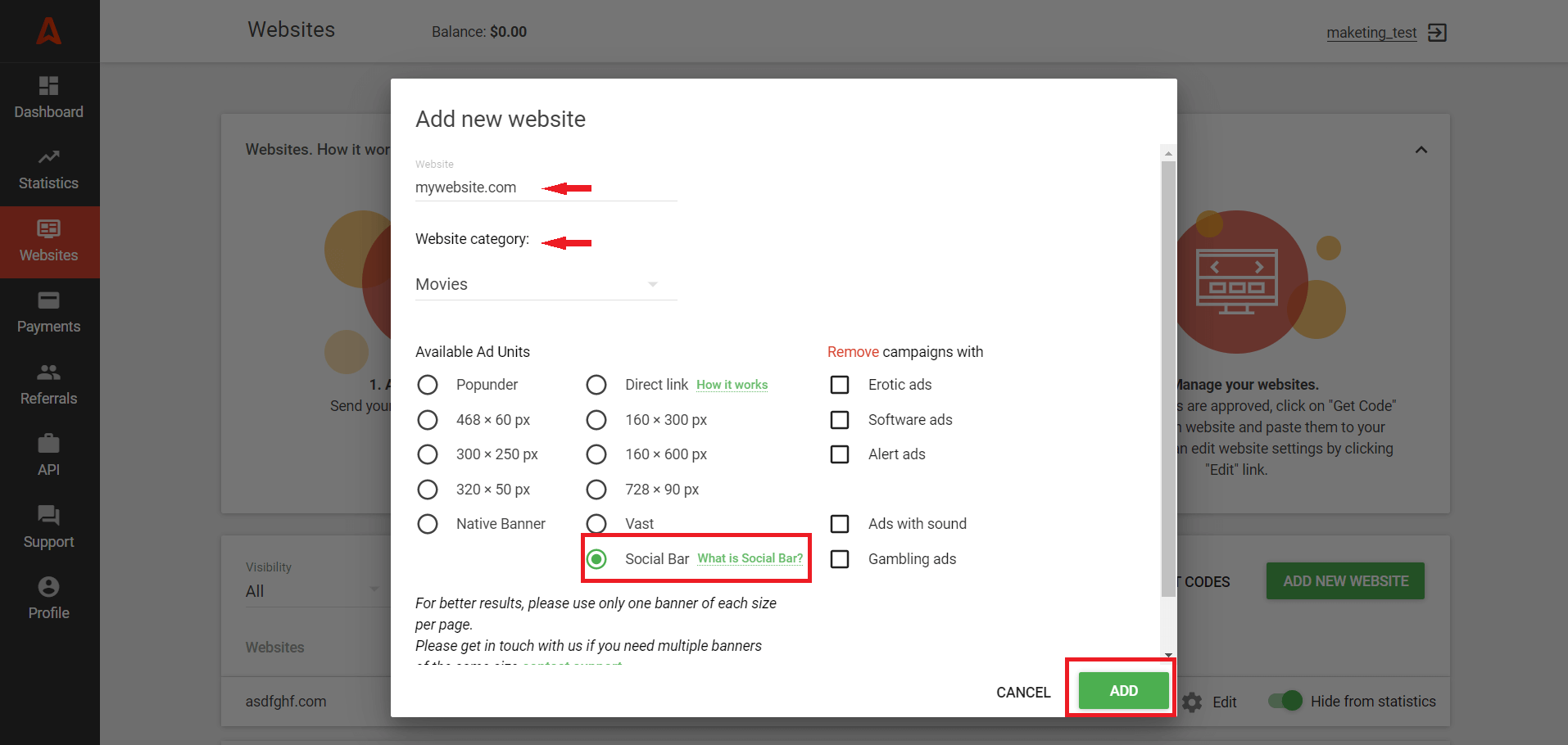 How to add websites to Adsterra