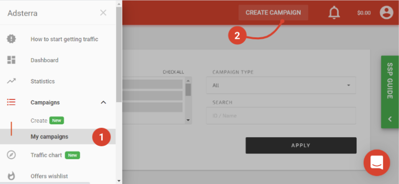 Create campaign at Adsterra