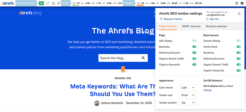 Ahrefs SEO toolbar settings