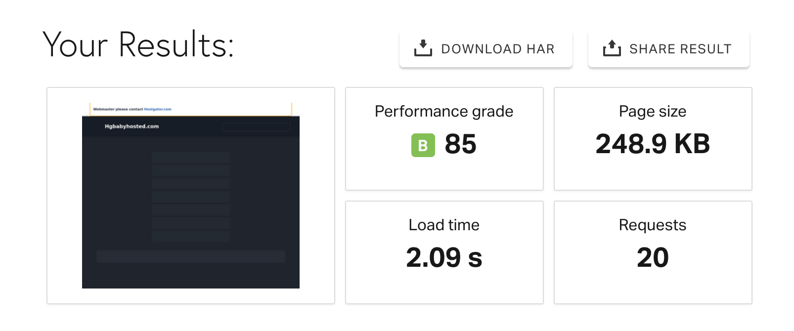 The result of the HostGator speed test