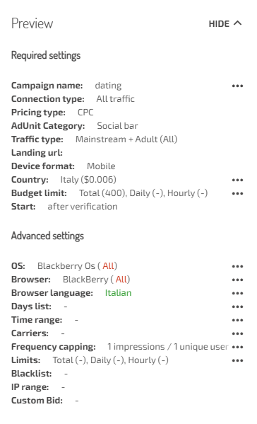 settings after optimization