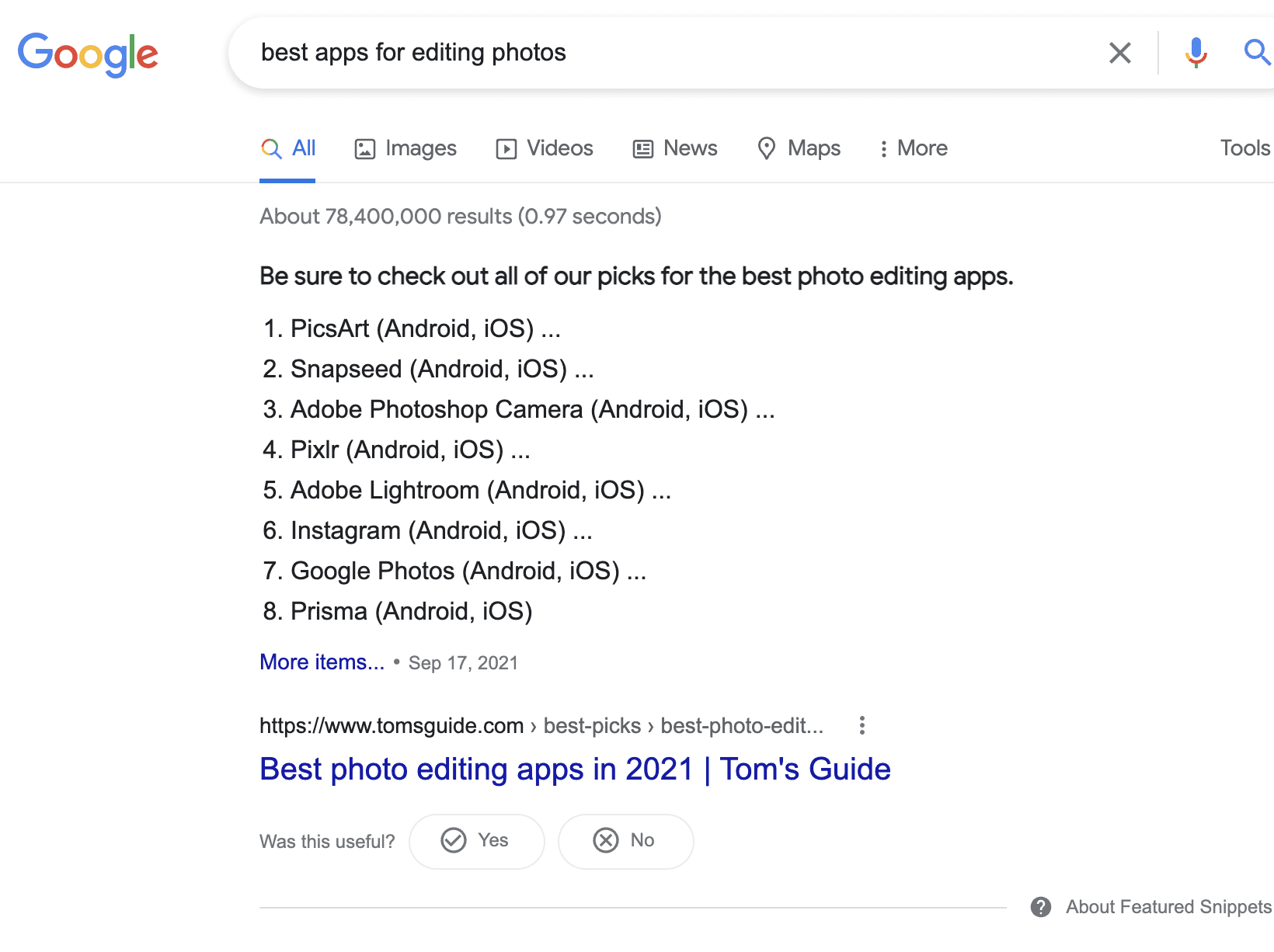 Best apps for editing photos Google search results