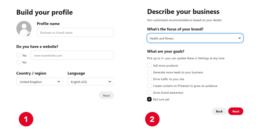 Steps 1 and 2 when creating a Business account