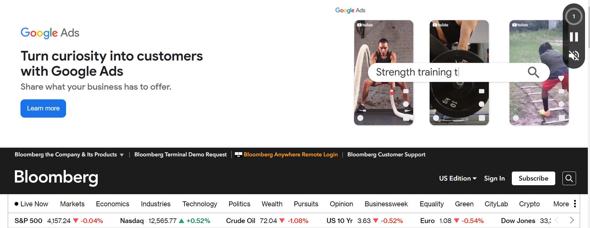 exemplo de an&uacute;ncio que o Google colocou na Bloomberg