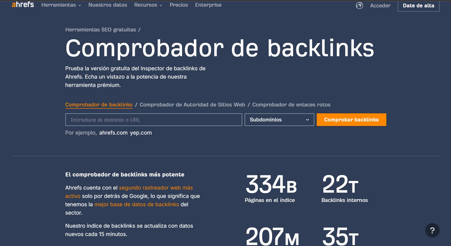 página-de-inicio-de-Ahrefs-Backlink-Checker