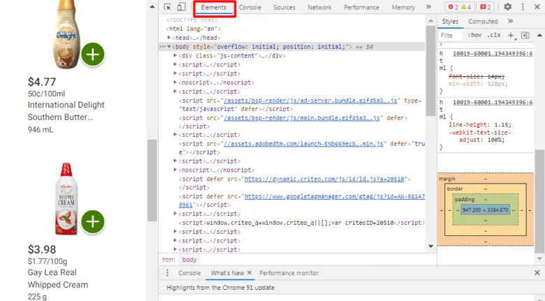 The elements tab in the Devtools panel