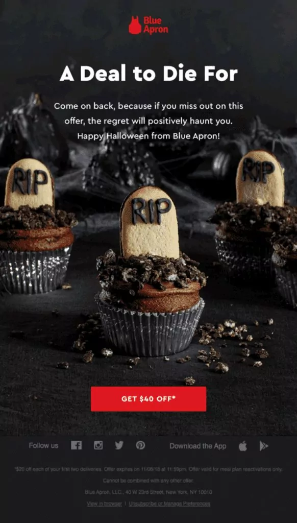 A sample Halloween-themed email campaign from Blue Apron, a mealkit company